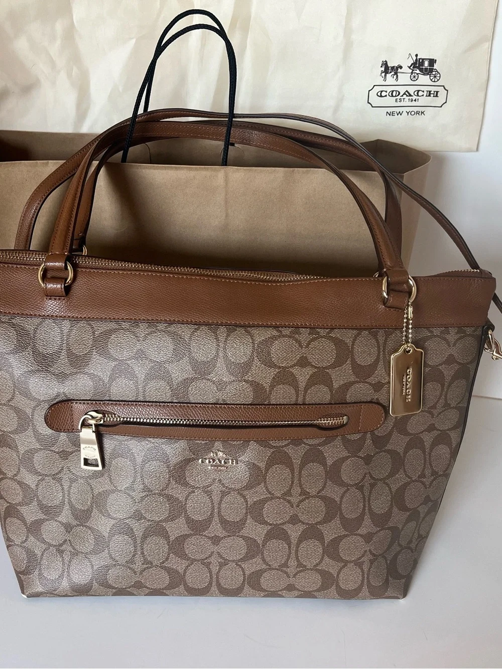 Coach Tan & Brown Signature Canvas Tote with Leather Trim